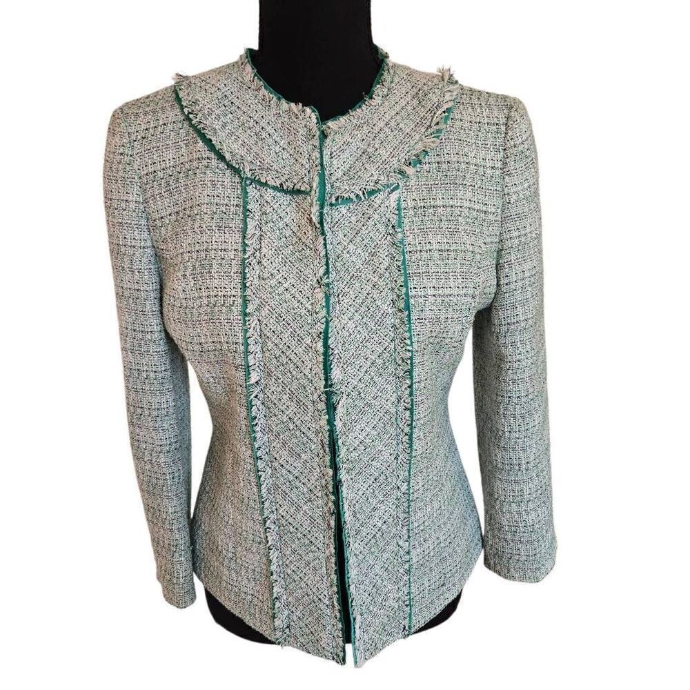 Nipon Boutique Womens Open Front Frayed Trim Tweed Blazer Jacket Green White 4